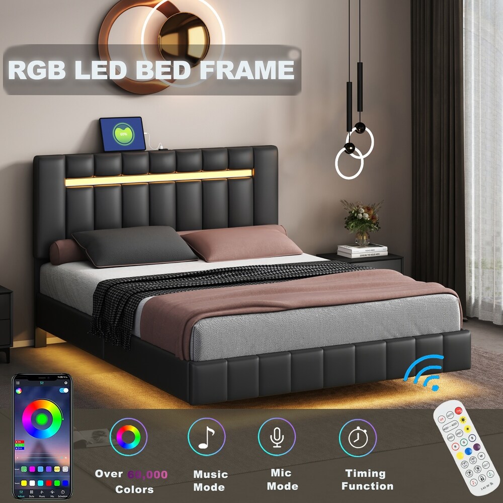 Queen Size PU Leather Upholstered Floating Platform Bed with LED Lights Bed Frame and USB Charging