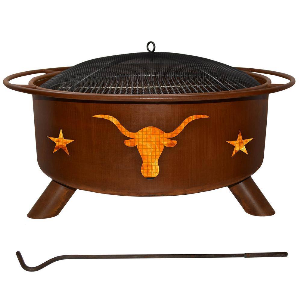 Texas Longhorn 29 in. x 18 in. Round Steel Wood Burning Fire Pit in Rust with Grill Poker Spark Screen and Cover F202