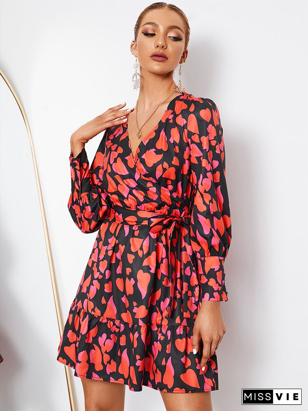 Heart Print Belt Cross Wrap V-neck Long Sleeve Dress