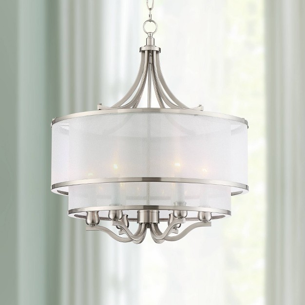 Wide Modern Double White Organza Shade 6 light Fixture For Dining Room Kitchen Island