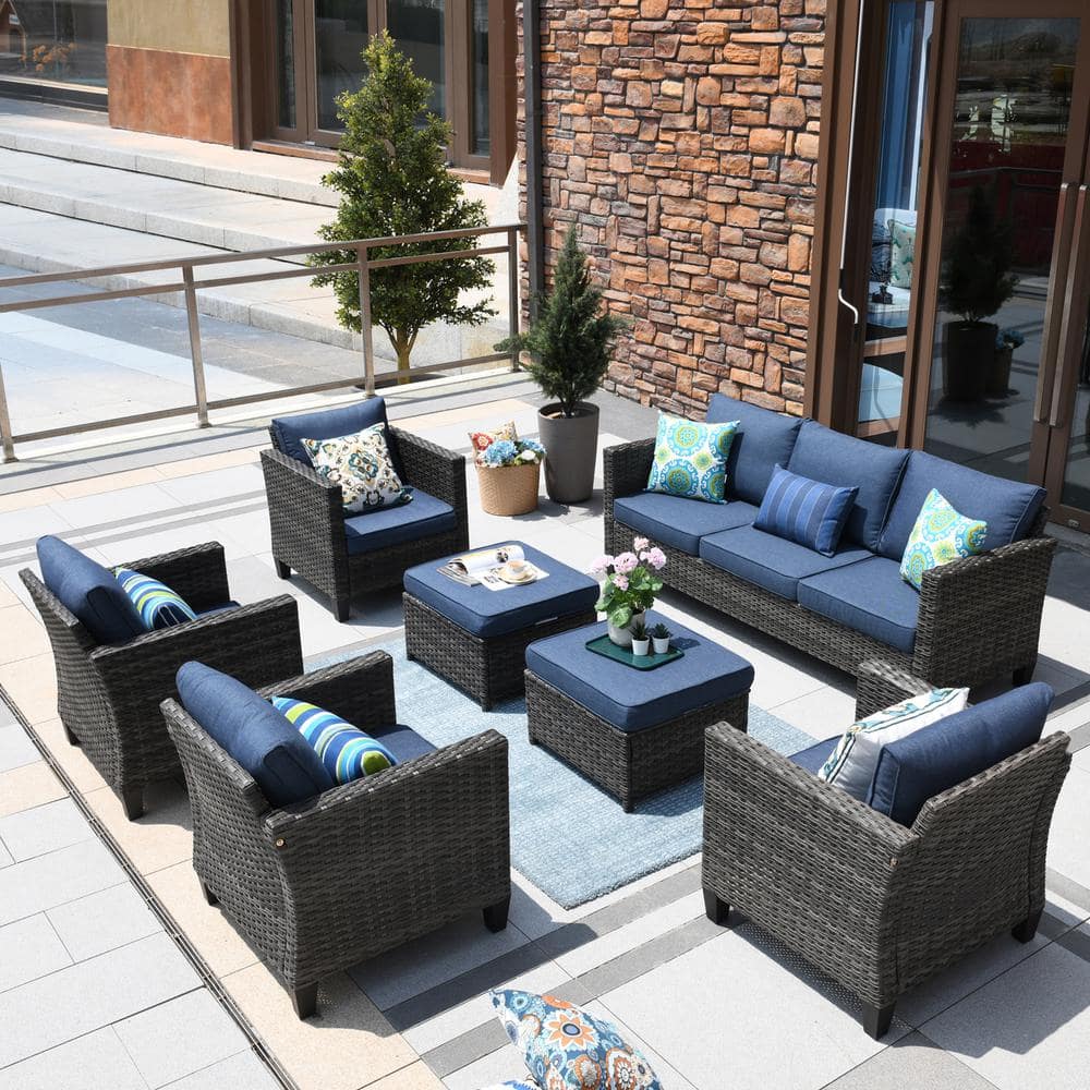 OVIOS New Vultros Gray 7-Piece Wicker Outdoor Patio Conversation Seating Set with Blue Cushions GRS3027