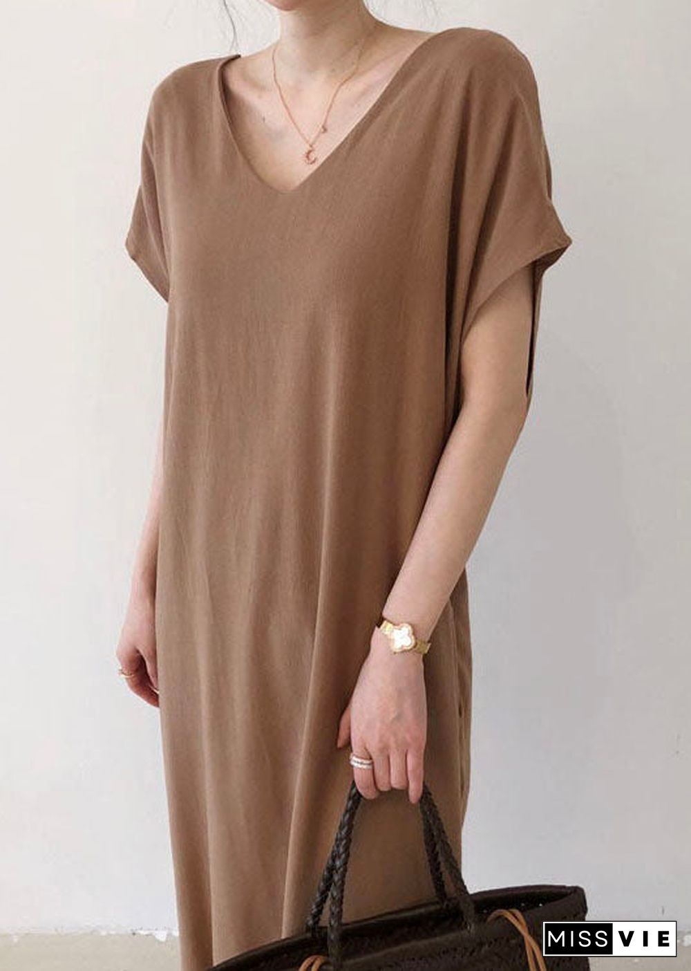 Elegant Chocolate Side Open Cotton Short Sleeve Long Dresses