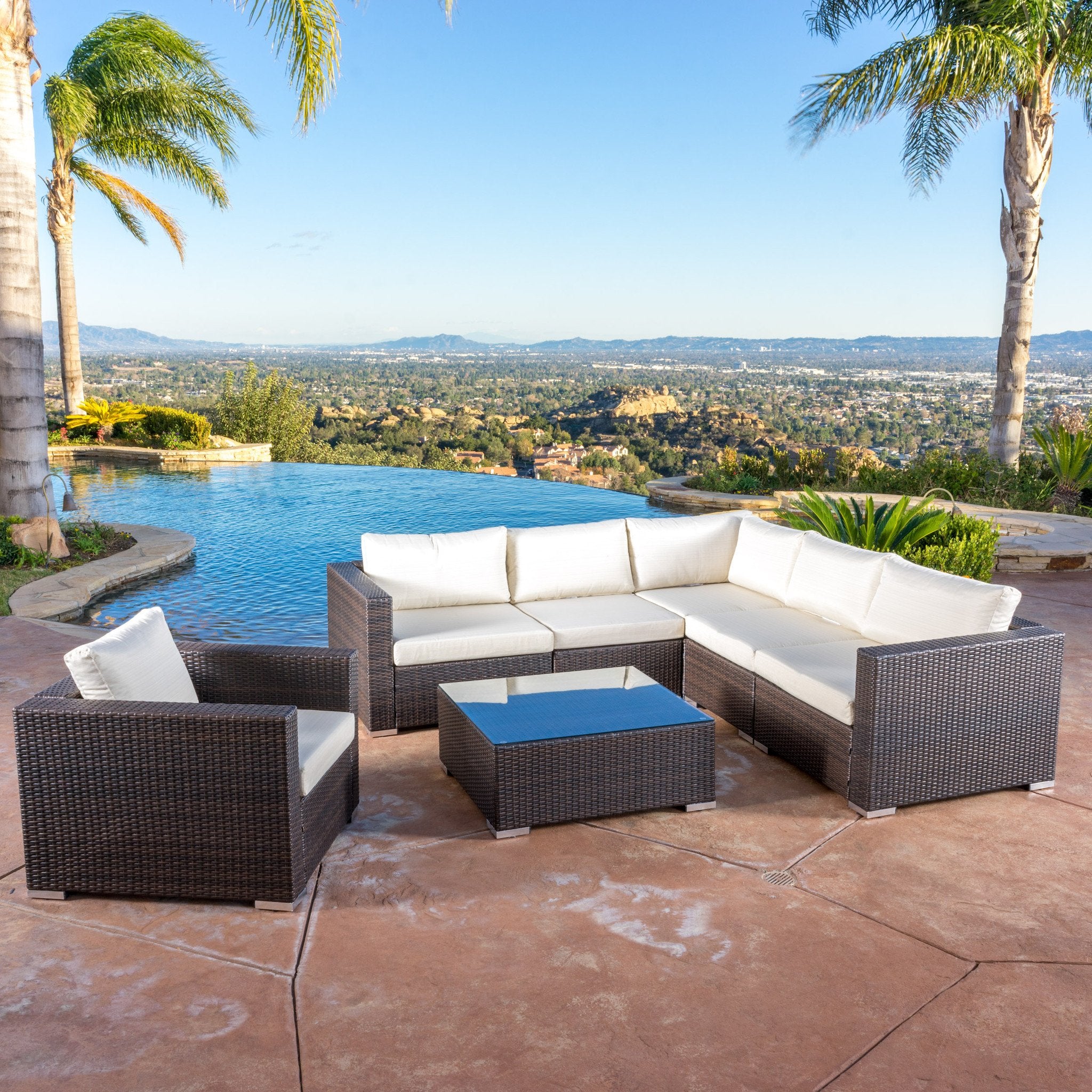 Francisco 7pc Outdoor Brown Wicker Seating Sectional Set w/ Cushions