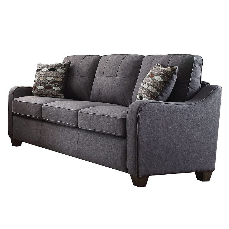 Contemporary Linen Upholstered Wooden Sofa with Two Pillows， Gray