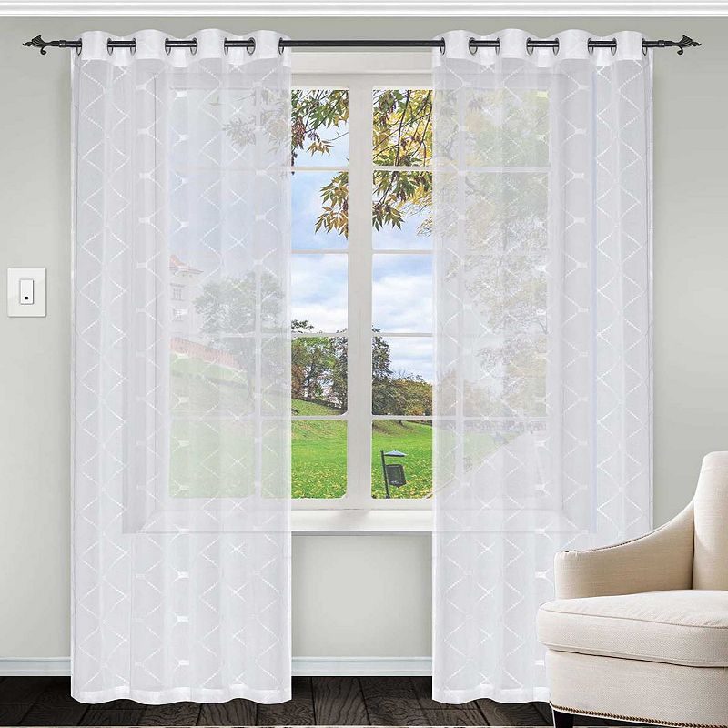 Superior Elegant Diamond Sheer Pair of 2 Grommet Window Curtain Panels