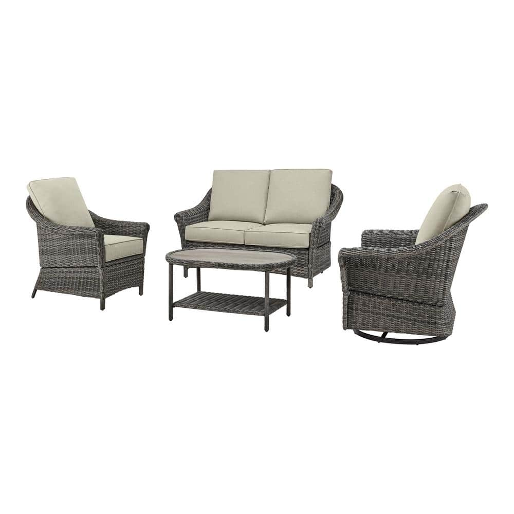 Hampton Bay Chasewood Brown 4-Piece Wicker Patio Conversation Set with CushionGuard Biscuit Cushions 505.1054.000