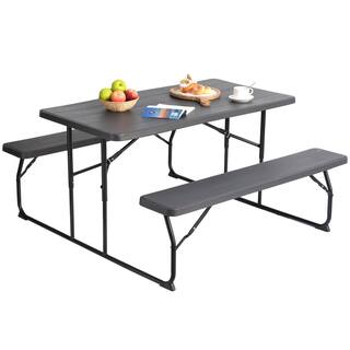 Gardenised Woodgrain Plastic and Steel Gray Outdoor Foldable Portable Picnic Table Set QI003910GY