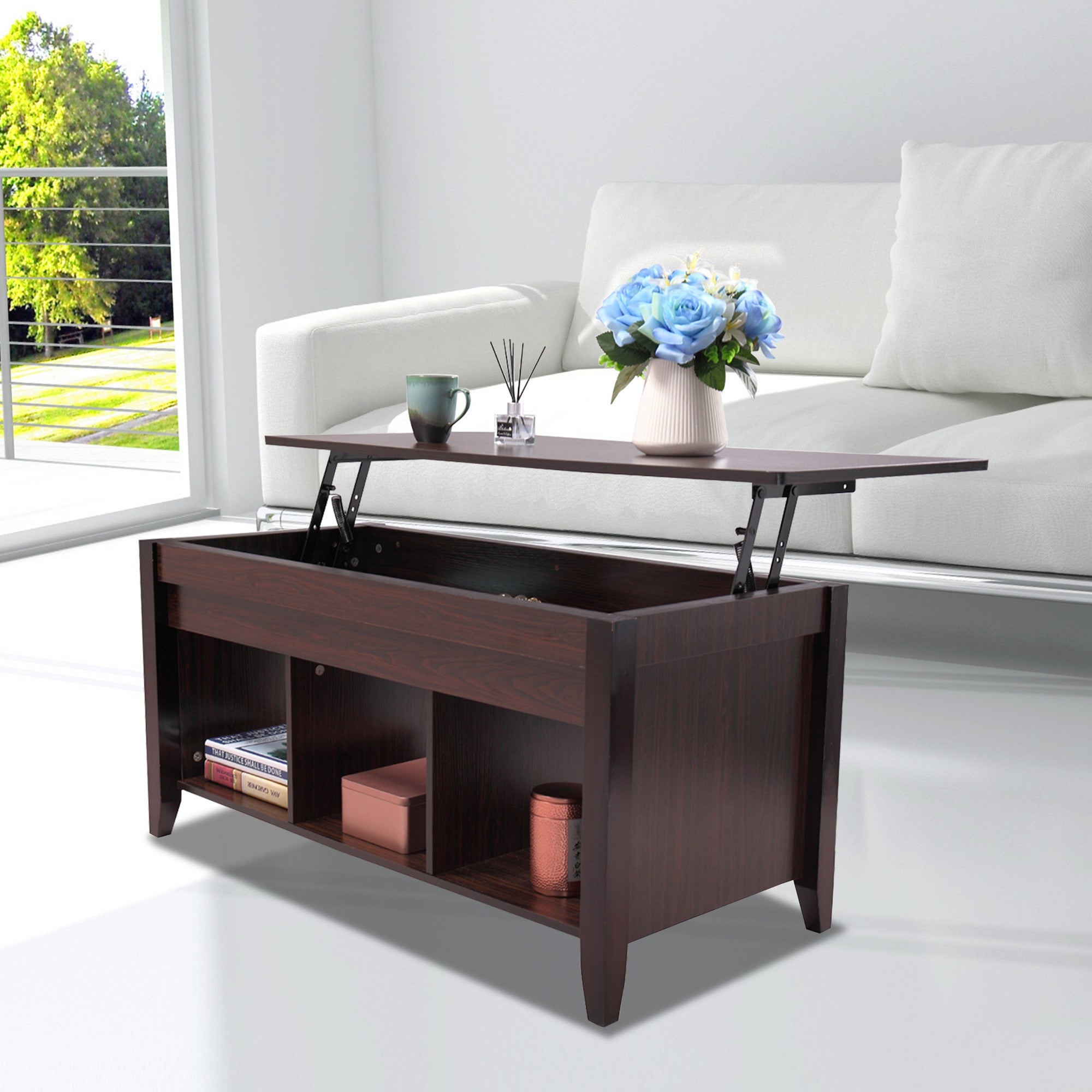 Lifting Coffee Table with Cabinet Dark Coffee Color - 41*19.3*19