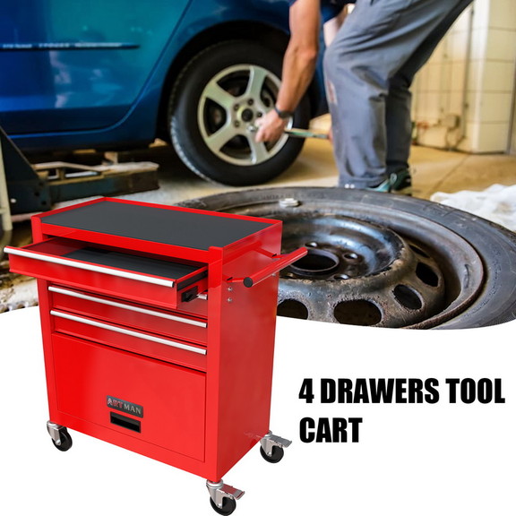 4 Drawers Multifunctional Red Tool Cart With Wheel...