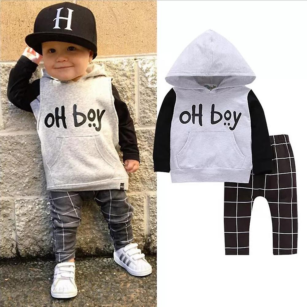 Baby Boys Clothing 2 Pieces Set Black Gray Casual Long Sleeve Sweater Plaid Trousers Spring Autumn Clothes Suits 90cm