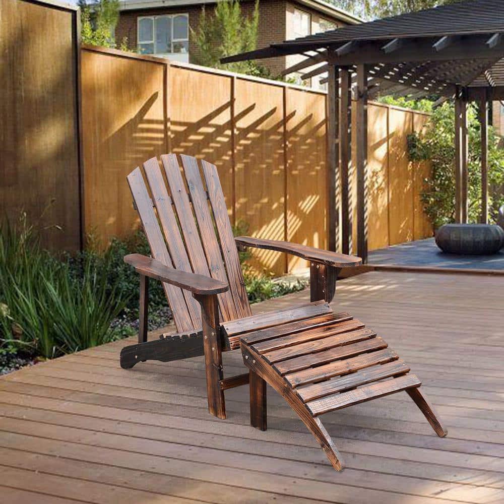 Outsunny Brown Wooden Adirondack Outdoor Patio Lounge Chair with Included Ottoman and WaterFighting Material