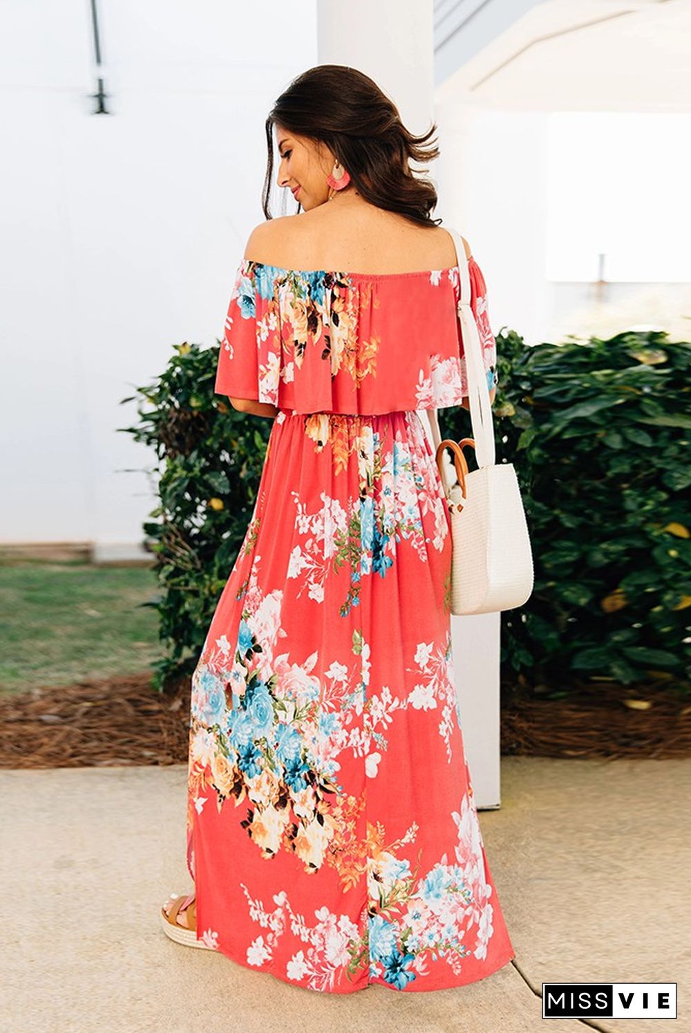 Red Slash Neck Floral Maxi Dress