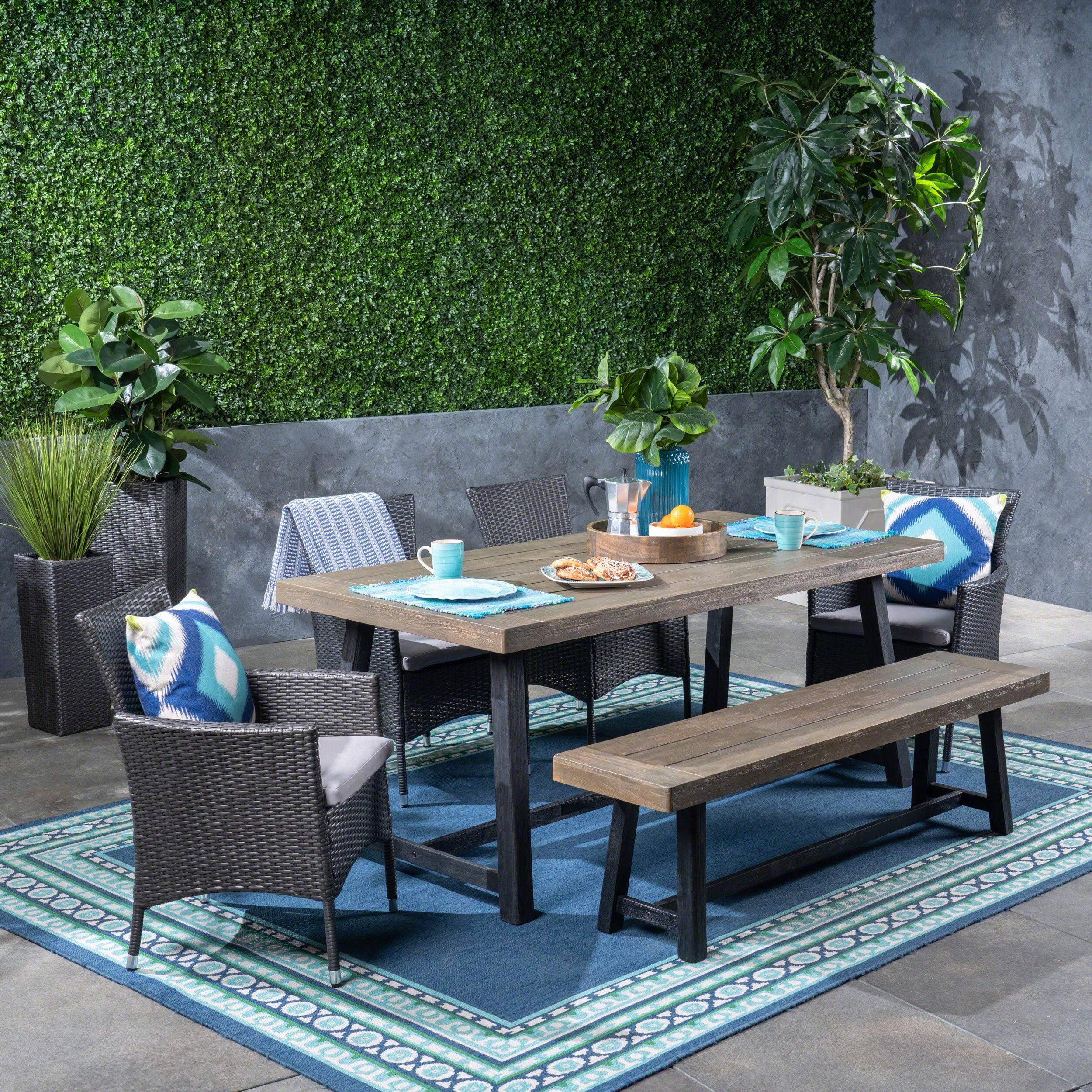 Bunta Outdoor 6 Piece Dining Set with Wicker Chairs and Bench