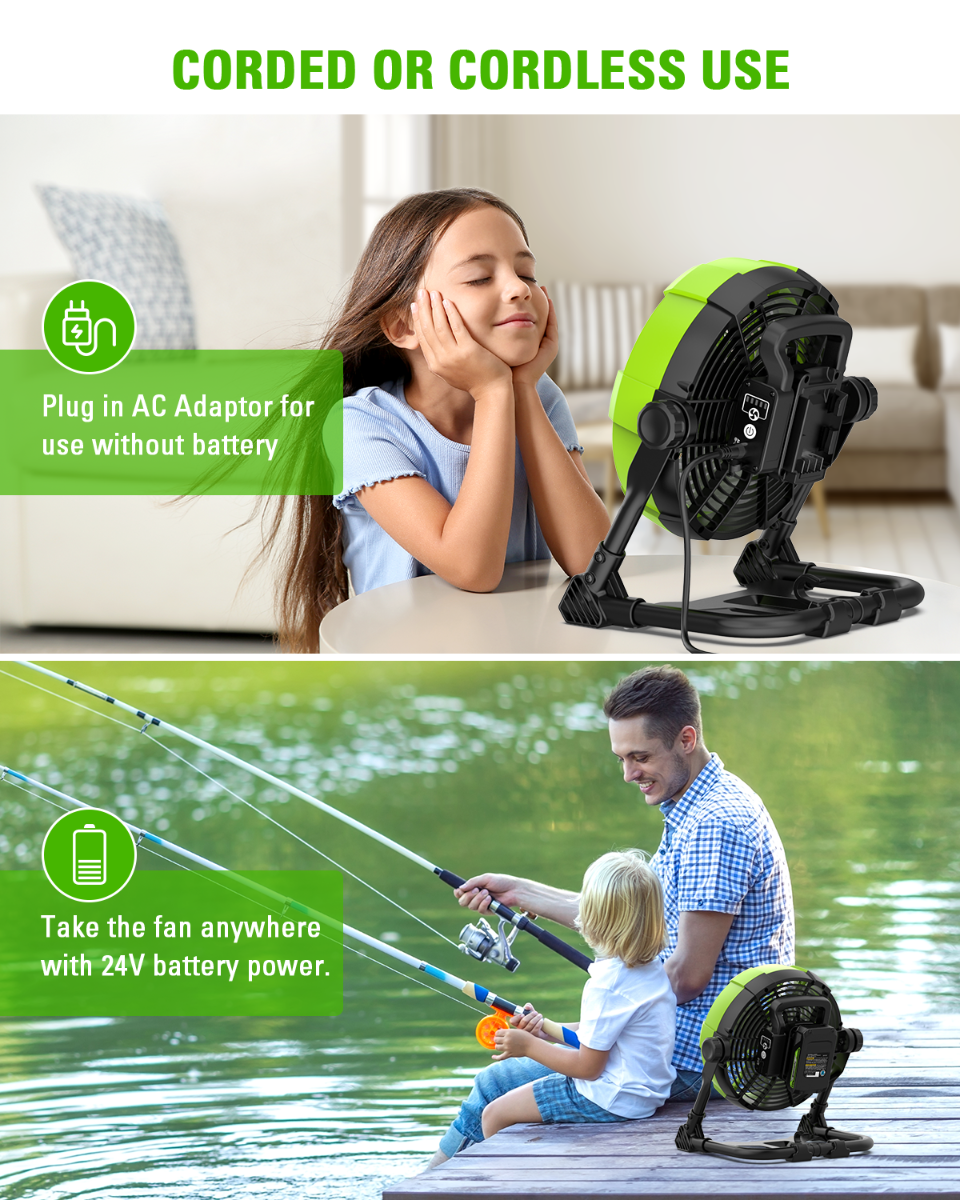 24V Cordless Fan w/ 2.0Ah USB Battery  0.5Ah Charger