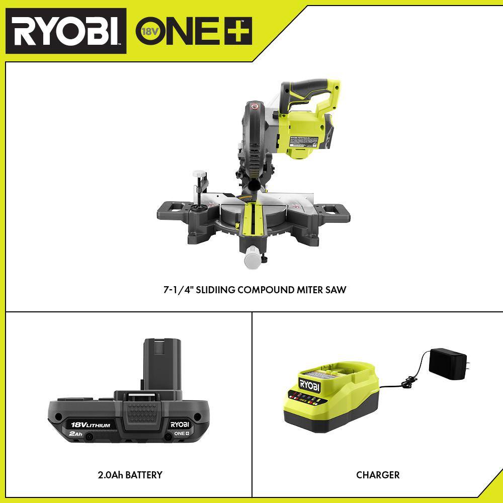 RYOBI ONE+ 18V Cordless 7-14 in. Sliding Compound Miter Saw with 2.0 Ah Battery and Charger PBT01B-PSK005