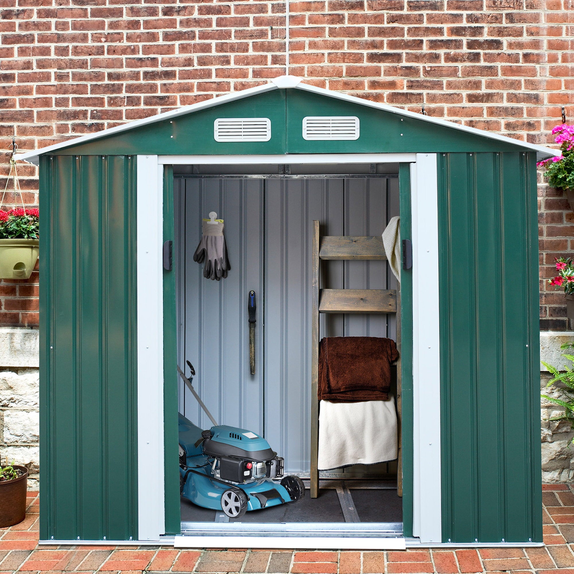 Jaxpety 7' x 4' Large Outdoor Steel Storage Shed with 4 Vents,Double Sliding Door, Stable Base, Green