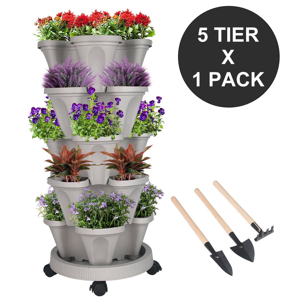 5 Tier Vertical Garden Plastic Planter, Stackable Strawberry and Herb Pots with Saucer for Vegetable Flower Plants, Gray