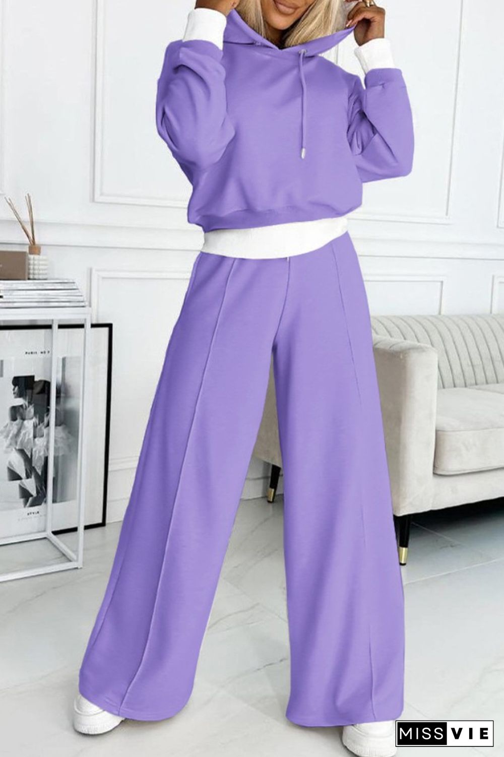 Colorblock Drawstring Hoodie & Wide Leg Pants Set