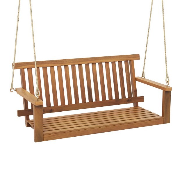 Costway 2 seat Porch Swing Bench Acacia Wood Chair With 2 Hanging Hemp Ropes For Backyard