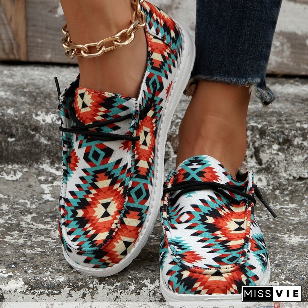 Aztec Lace-Up Canvas Flat Sneakers