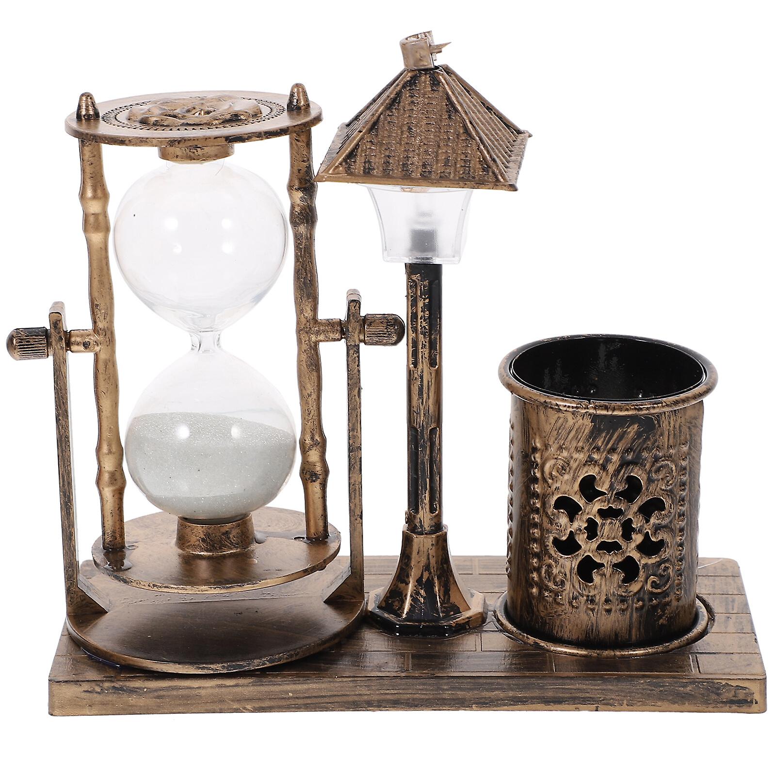 Creative Sand Glass Antique Street Lamp Hourglass Pen Holder Delicate Night Light Desktop Handicraft Gift (golden Random Style)