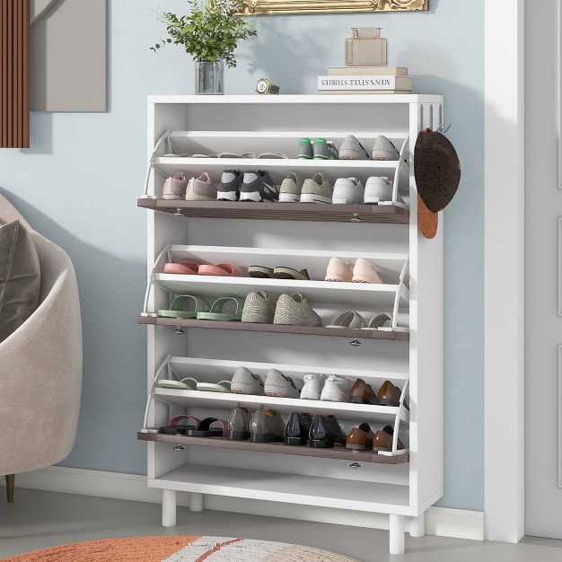 Freestanding Shoe Cabinet With Hooks 3 Flip Drawers And Adjustable Panels Modernluxe