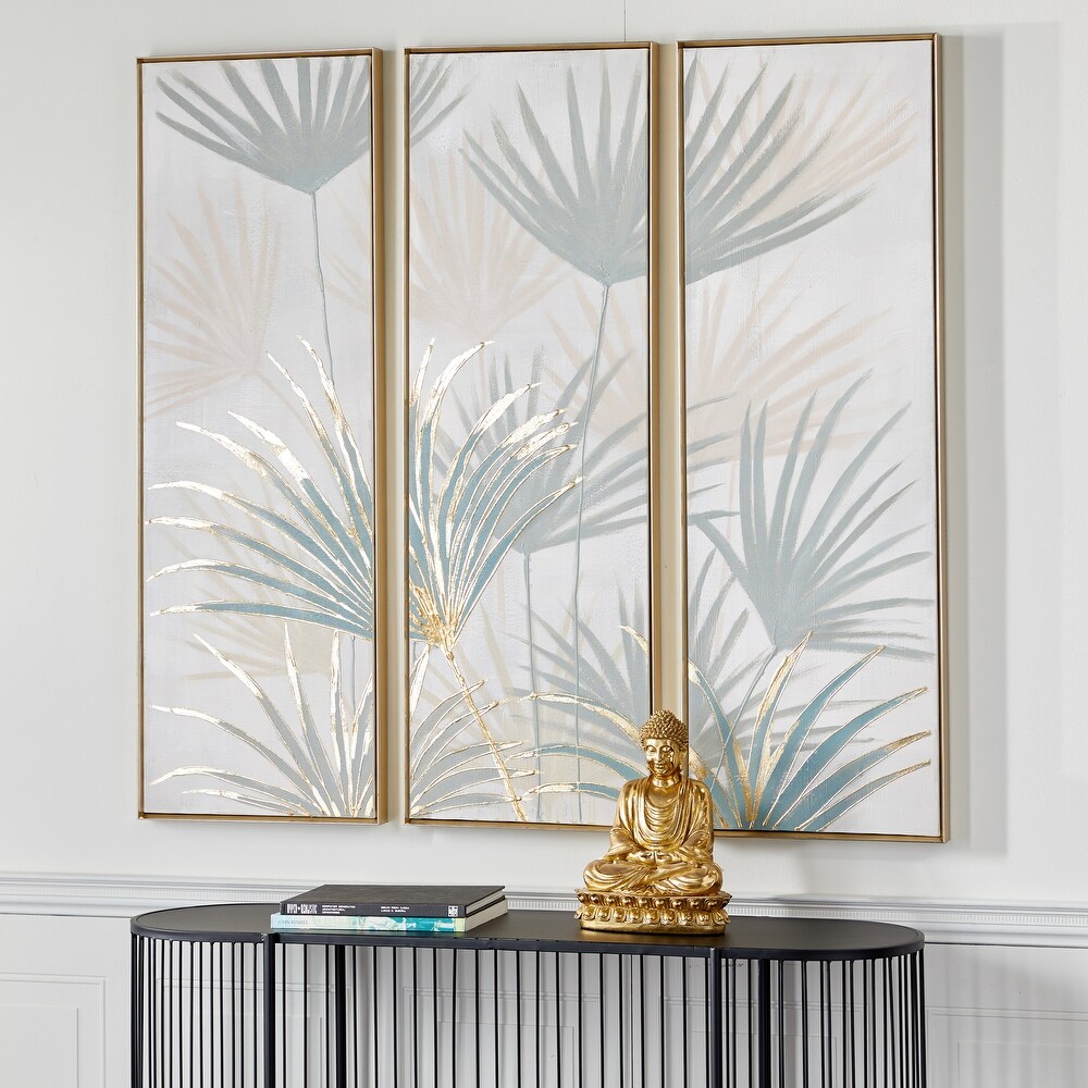 Brown Canvas Palm Leaf Framed Wall Art with Gold Frame (Set of 3)
