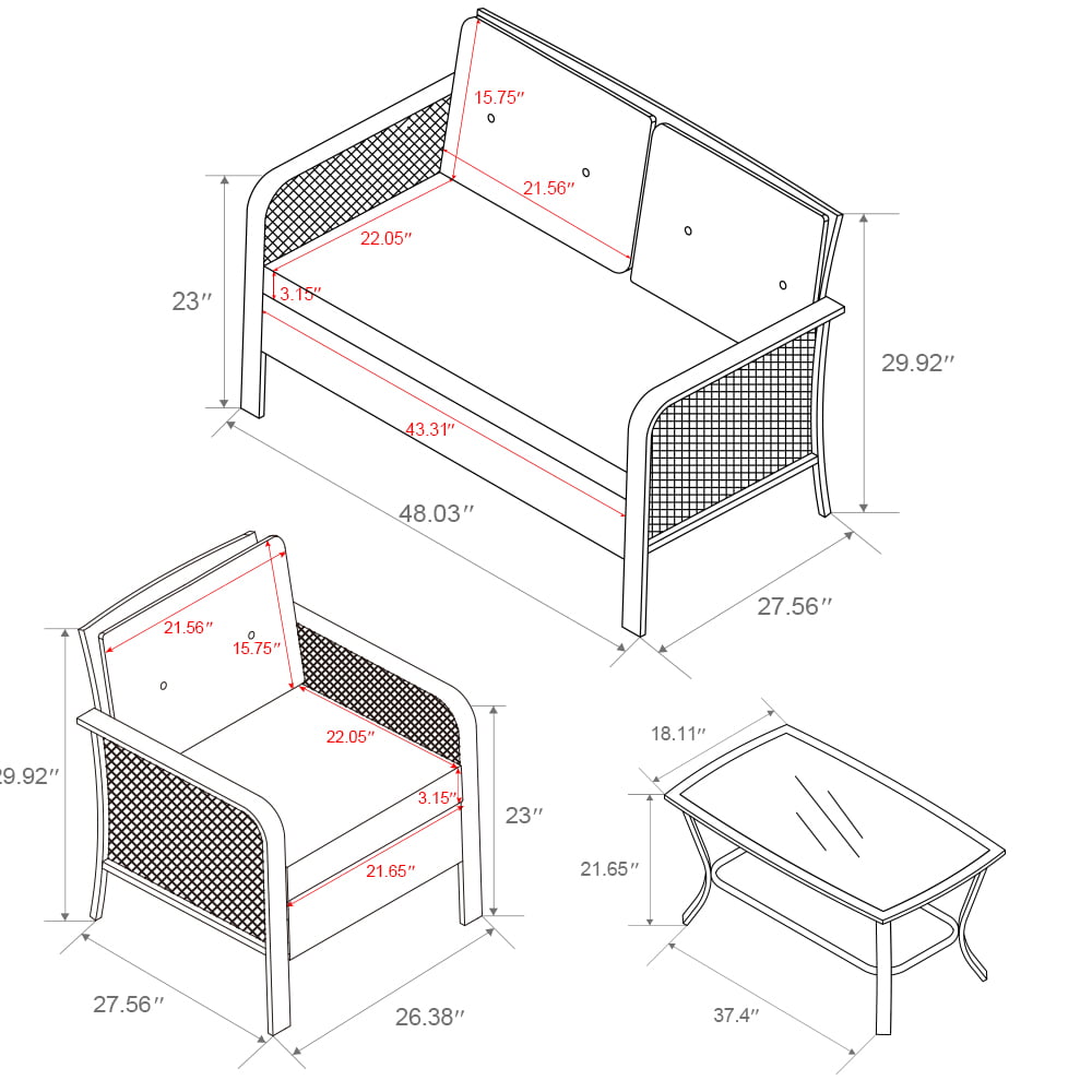 4 Pieces Patio Conversation Set Outdoor Furniture PE Rattan Wicker Loveseat Chairs Set with Large Tempered Glass Table and Removable Cushion for Backyard Yard， Garden Balcony