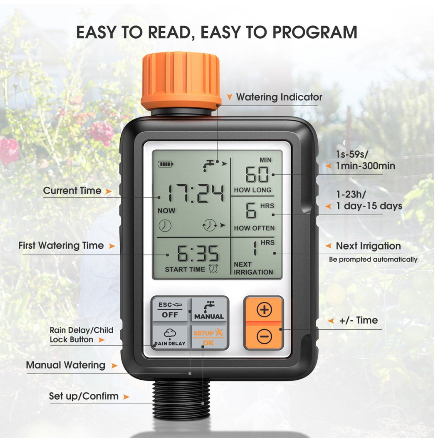 Gearup Smart Sprinkler Timer Outdoor Irrigation Water Garden with Large LCD Display Auto Shut Off