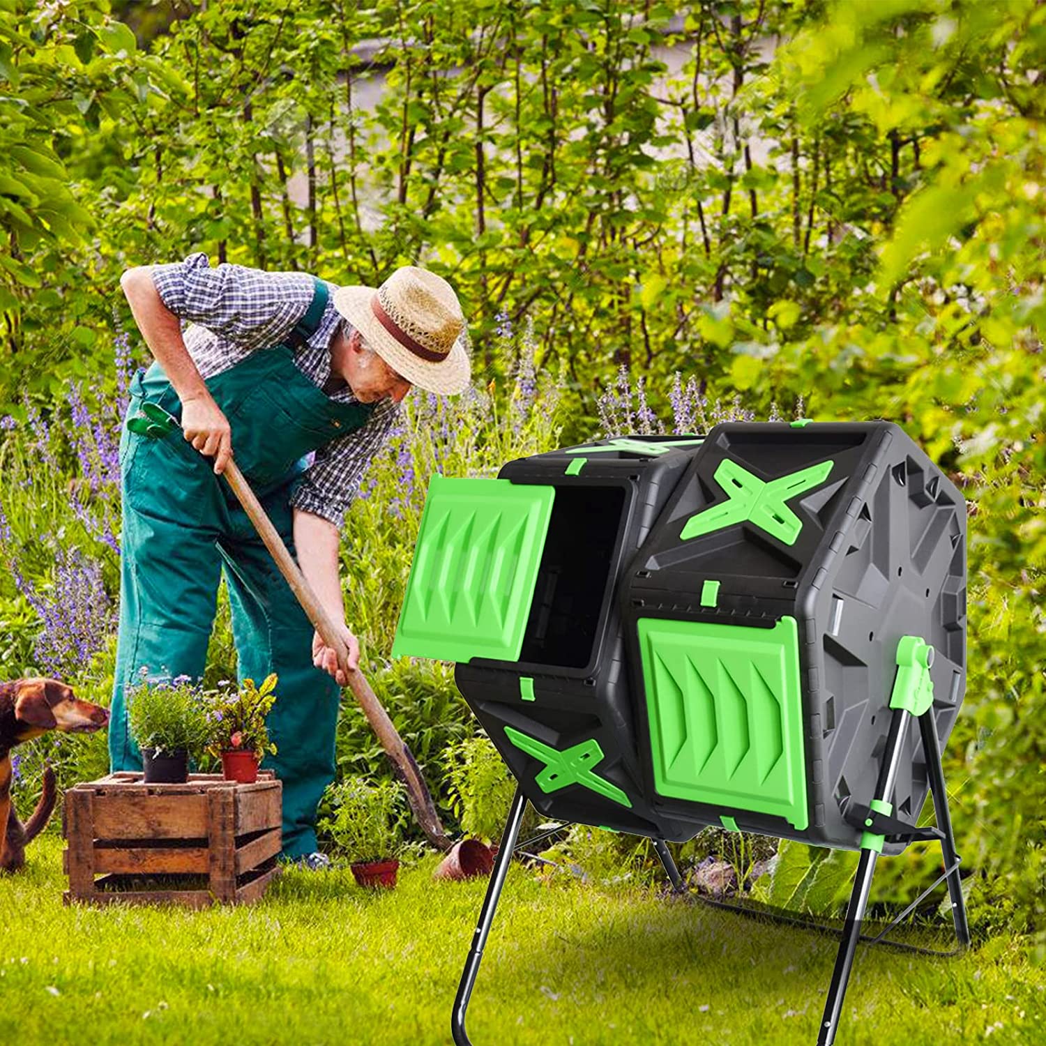 SQUEEZE master Large Dual Chamber Compost Bin Tumbler Outdoor Garden- Easy Rotating- Sturdy Steel Frame-Fast Composting (Green, 2 × 18.5 Gallon)