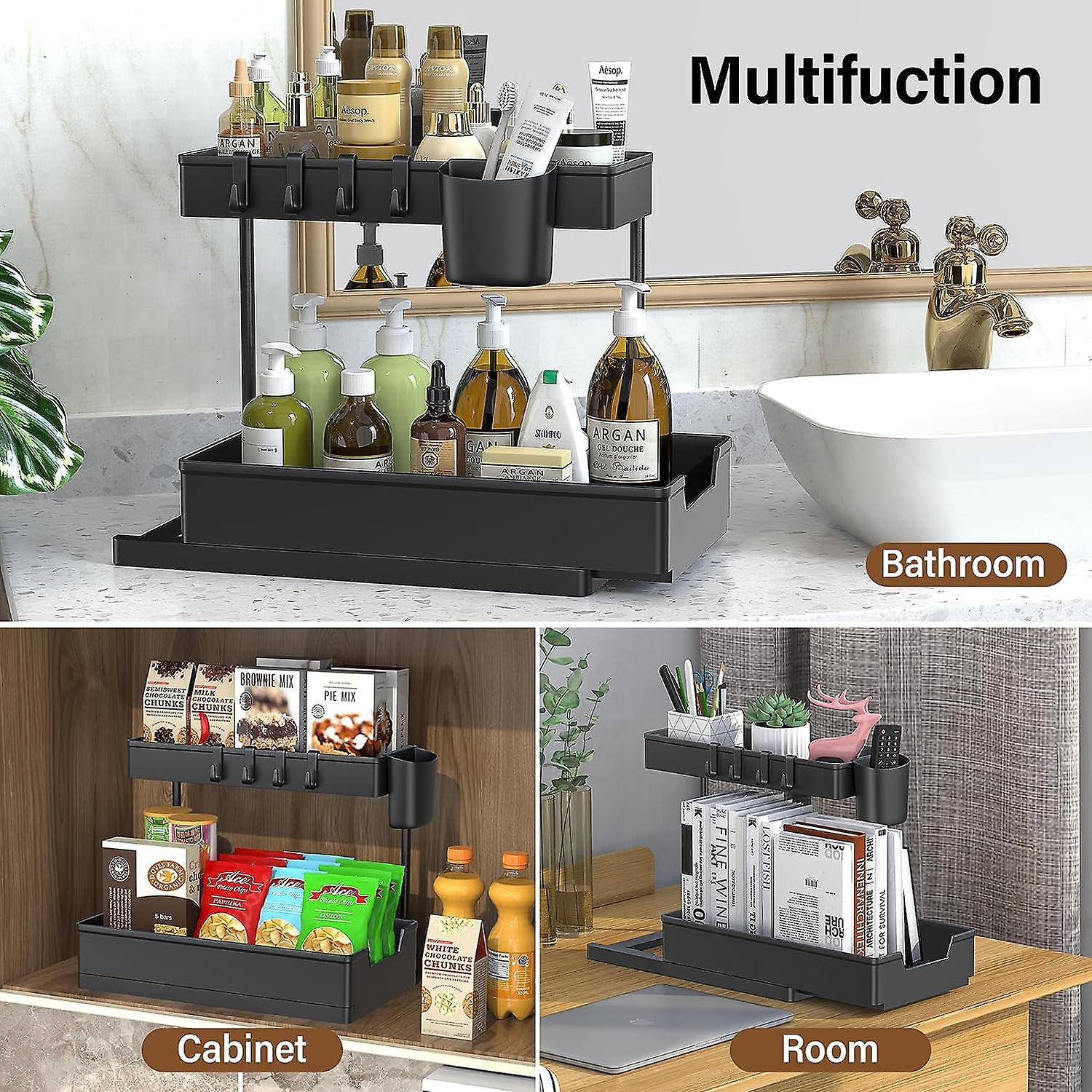 2 Packunder Sink Organizers And Storage L-shape 2 Tier Pull Out Sliding Drawer Narrow Space Storage Multipurpose Sliding Kitchen Cabinet Bathroom Orga