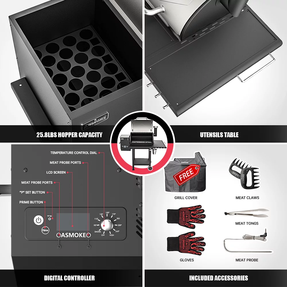 ASMOKE AS660N1 Wood Pellet Grill and Smoker 700 sq. in. with 2 Meat Probes， Chrome