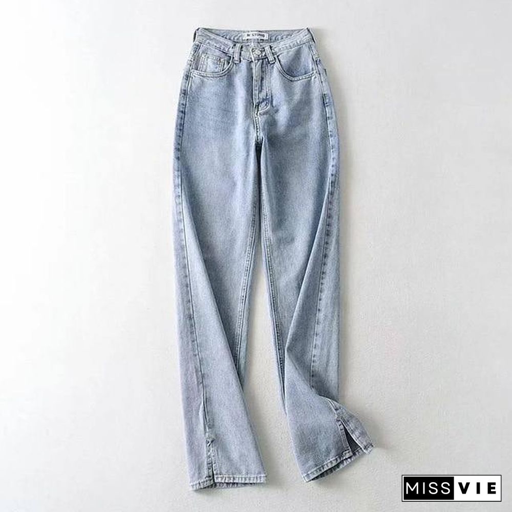 MosiMolly Washed Denim Pants Jeans Women Boyfriend Jeans Casual Pants Split Long Pants Bottom Black Jeans