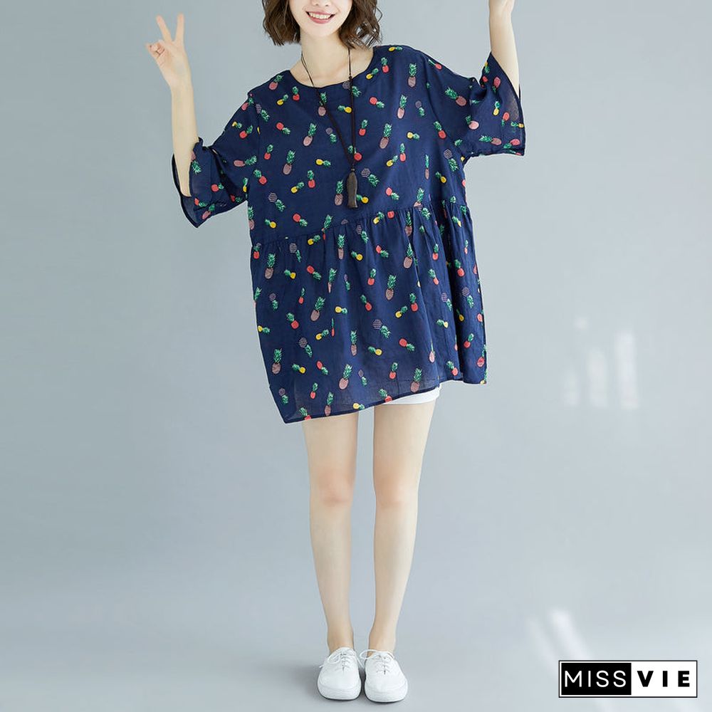 fine blue cotton shift dresses plus size clothing maxi dress casual Half sleeve floral v neck cotton dress