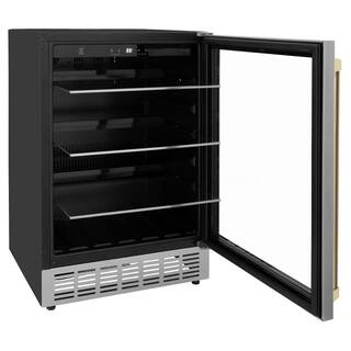 ZLINE Kitchen and Bath Monument Autograph Edition 24 in. Single Zone 154-Can Beverage Fridge with Champagne Bronze Handle in Stainless Steel RBVZ-US-24-CB