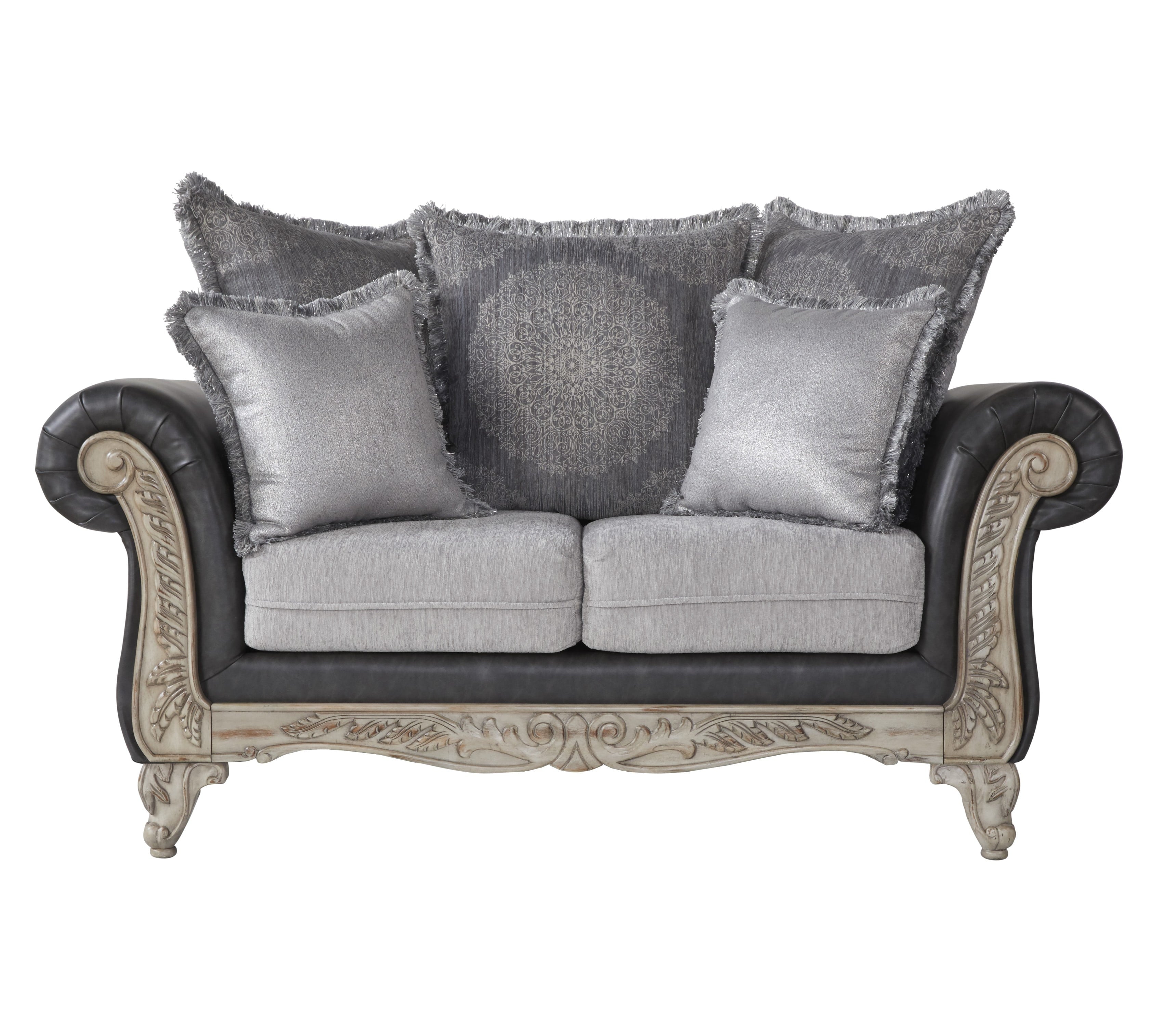 Roundhill San Marino Traditional 2-Tone Pillow Back Sofa and Loveseat Set, Fabric Upholstery, Gray