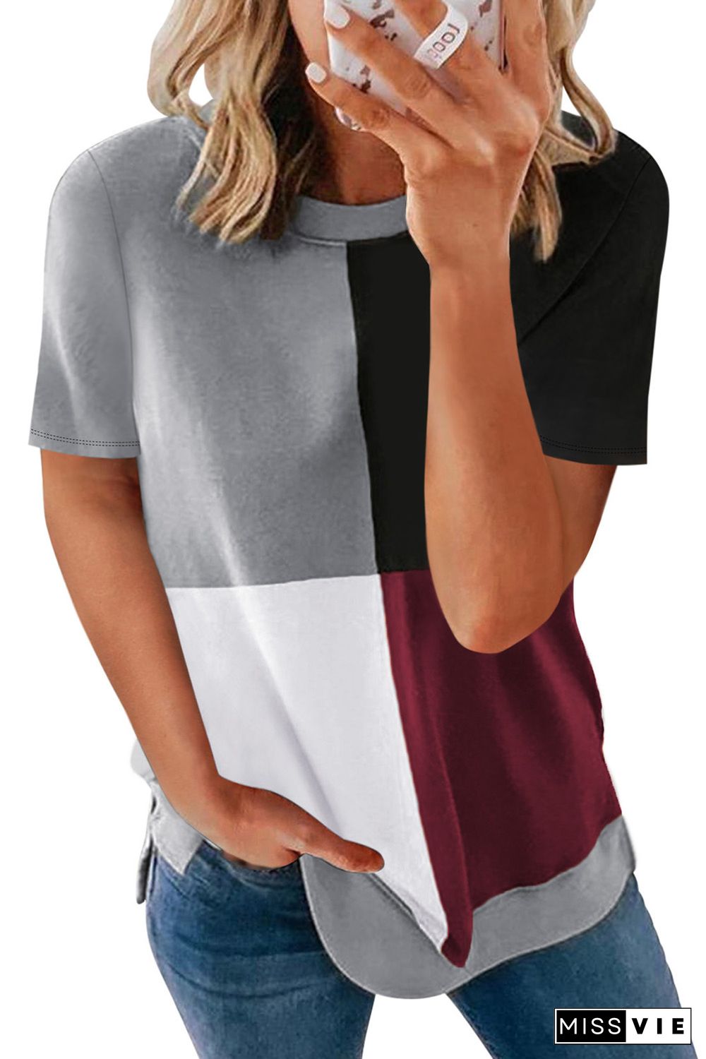 Wine Red Colorblock T-shirt with Slits