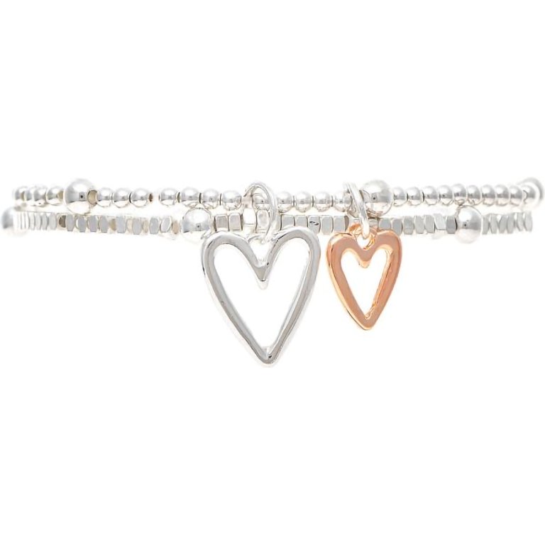 Rain  Silver Two Row Bead Heart Charms Bracelet