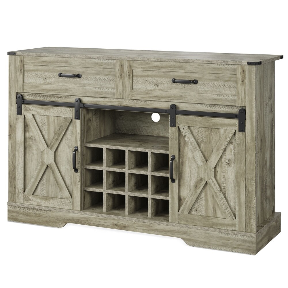 Farmhouse Storage Sideboard Buffet Coffee Bar Cabinet with Sliding Barn Door  3 Drawers  Wine and Glass Rack   Light Gray