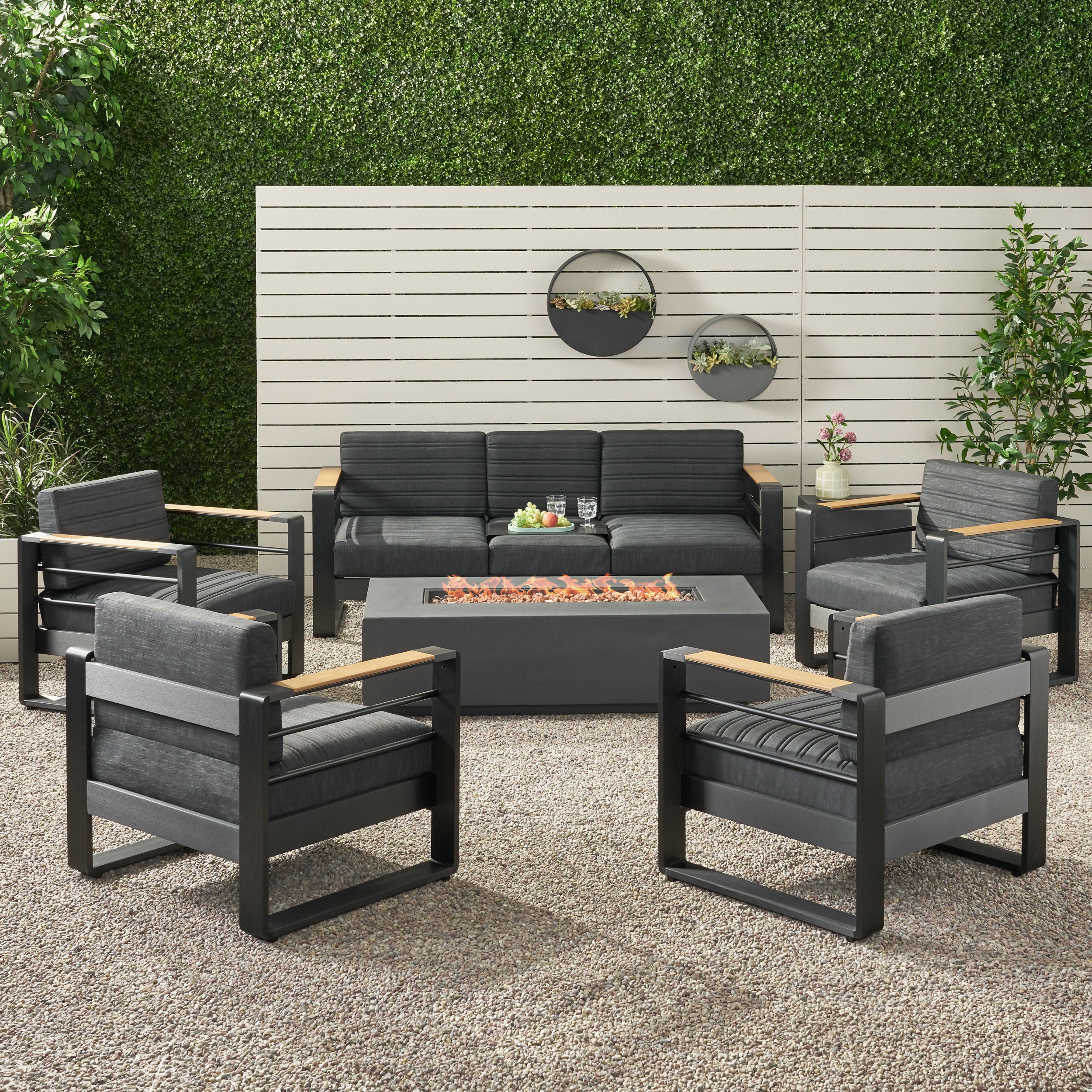 Neffs Outdoor Aluminum 7 Seater Chat Set with Fire Pit, Black, Natural, and Dark Gray