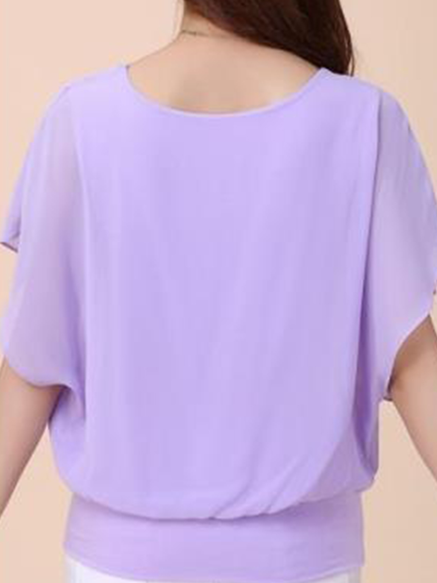 Spring Summer  Blend  Women  Crew Neck  Plain  Short Sleeve Blouses