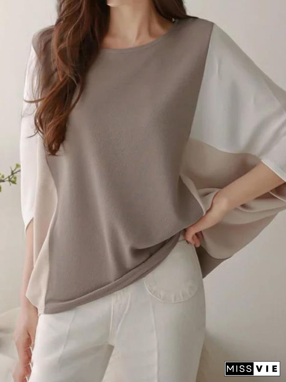 Batwing Sleeves Loose Contrast Color Split-Joint Round-Neck T-Shirts Tops