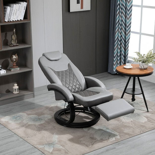 Homcom Pu Recliner Reading Armchair With Footrest Headrest And Round Steel wood Base For Living Room Or Office Gray