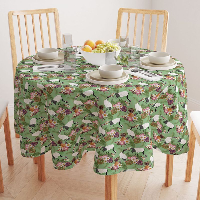 Round Tablecloth， 100% Polyester， 90 Round， Japanese Crane and Flowers