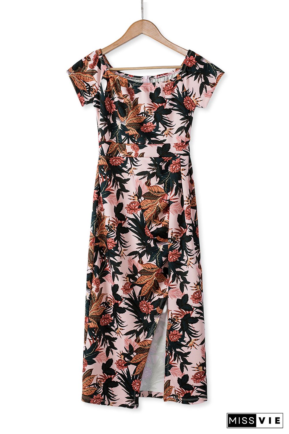 Pink Pattern Print Off Shoulder Slit Bodycon Midi Dress