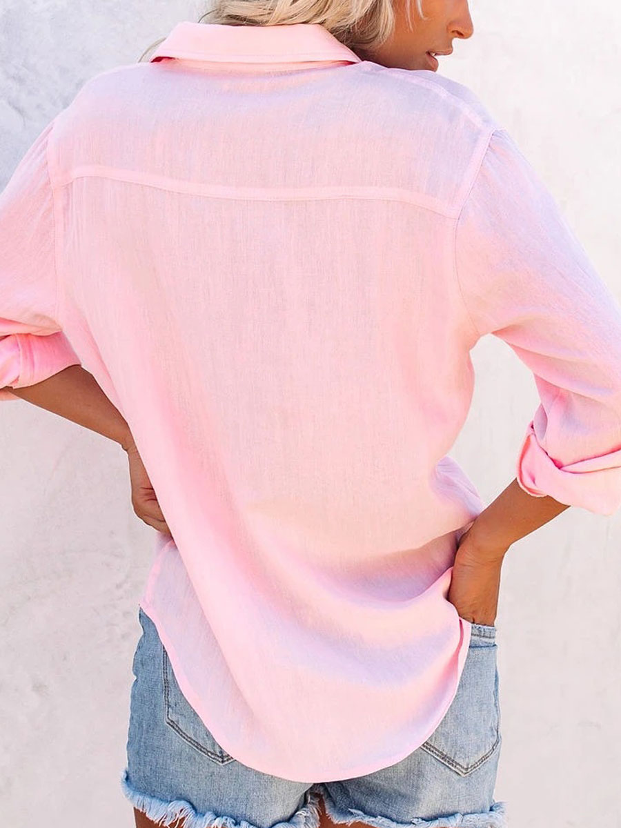 Round Neck Casual Loose Solid Color Long Sleeve Blouse