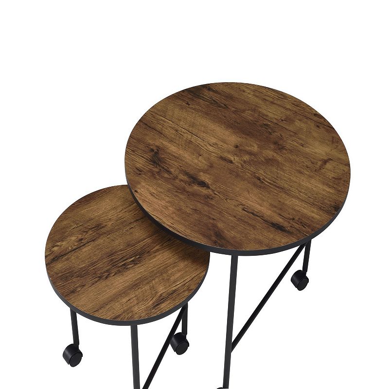 2 Piece Round Nesting End Table with Casters， Oak Brown and Black