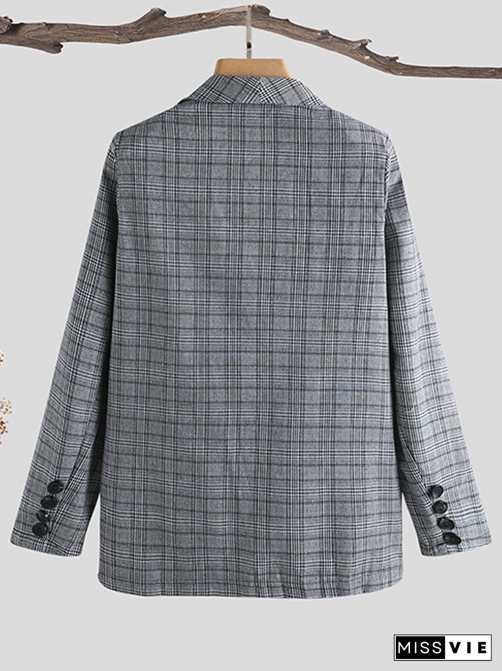 Plaid Print Button Pocket Blazer Long Sleeve Casual Jacket Coat for Women