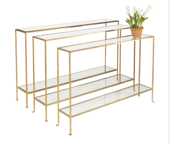 Small Hammered Gold Leaf Console with Clear Glass Shelves