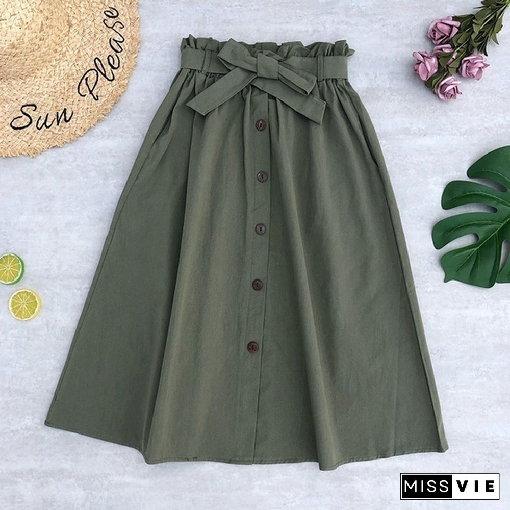 Women Skirts Fashion High Waist Skirt Women Spring Summer Midi Skirts Womens Elastic Waist Ladies Skirts With Belt